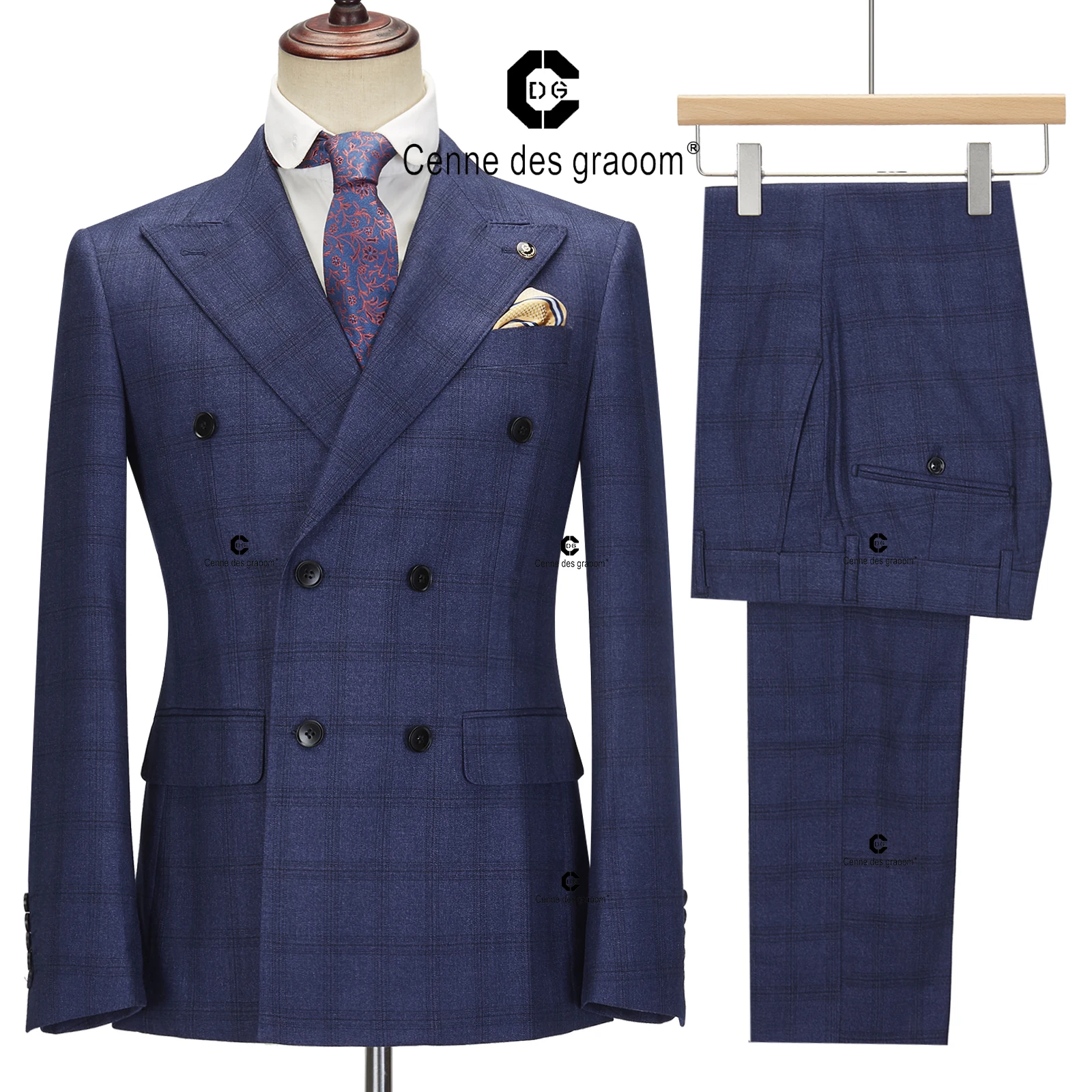 Cenne Des Graoom 2024 New Double-Breasted Plaid Suits for Men Tailor-Made Slim Fit 3 Piece Set Blazer Pants Casual Wedding