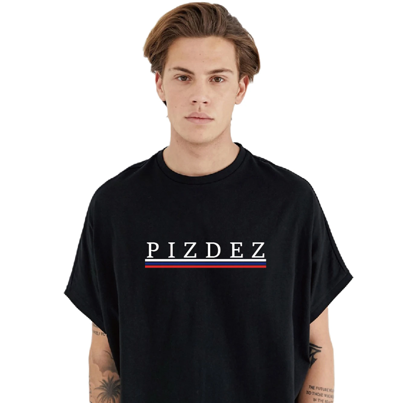 S-5XL Men\'s T-Shirt Style Pizdez Print With Russia Flag Style Summer Men\'s Shirt Cotton Short Sleeve Top for Unisex Large Size