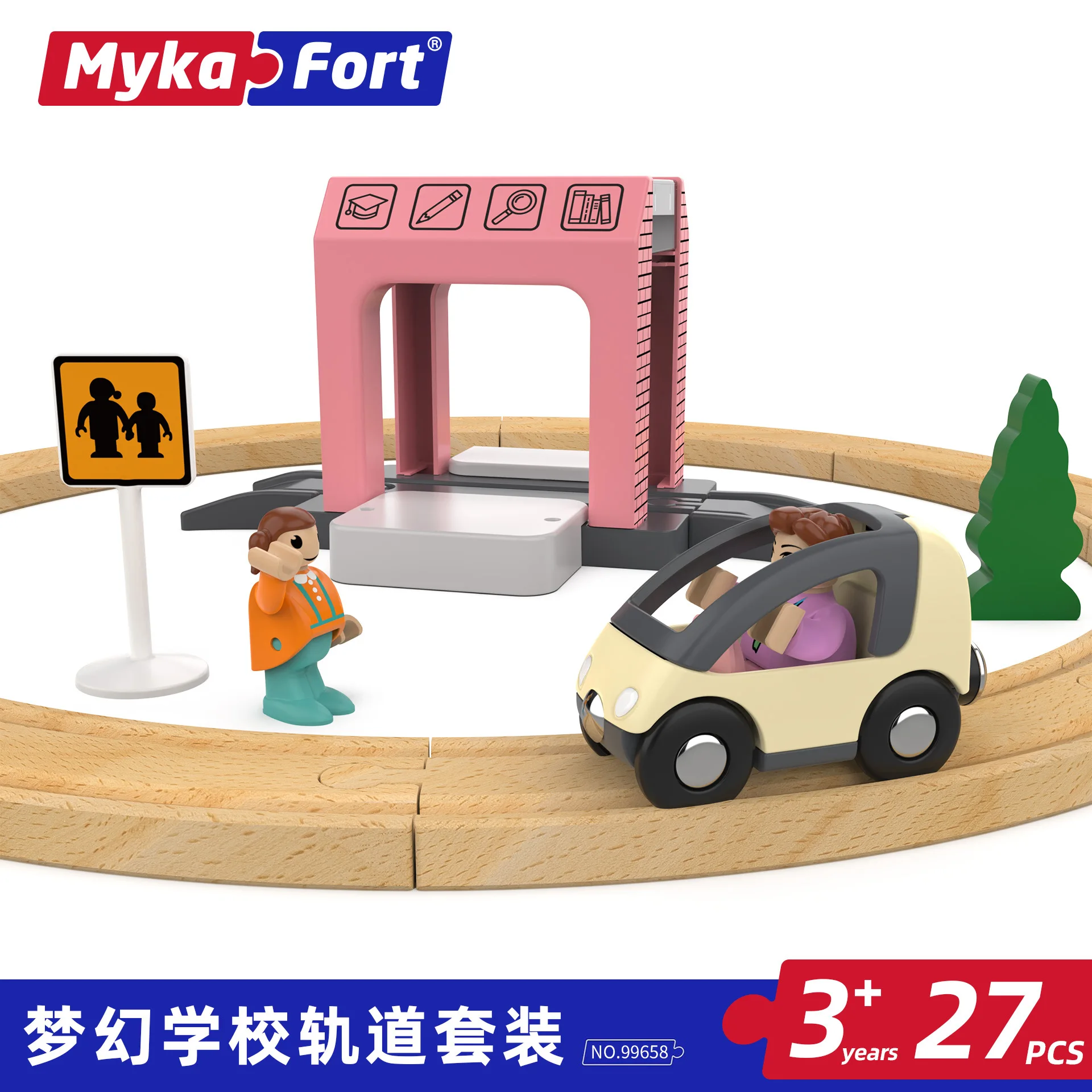 Set di binari per scene scolastiche da sogno, puzzle per bambini, vagone ferroviario in legno, assemblaggio fai da te, set di autobus scolastici, XT146