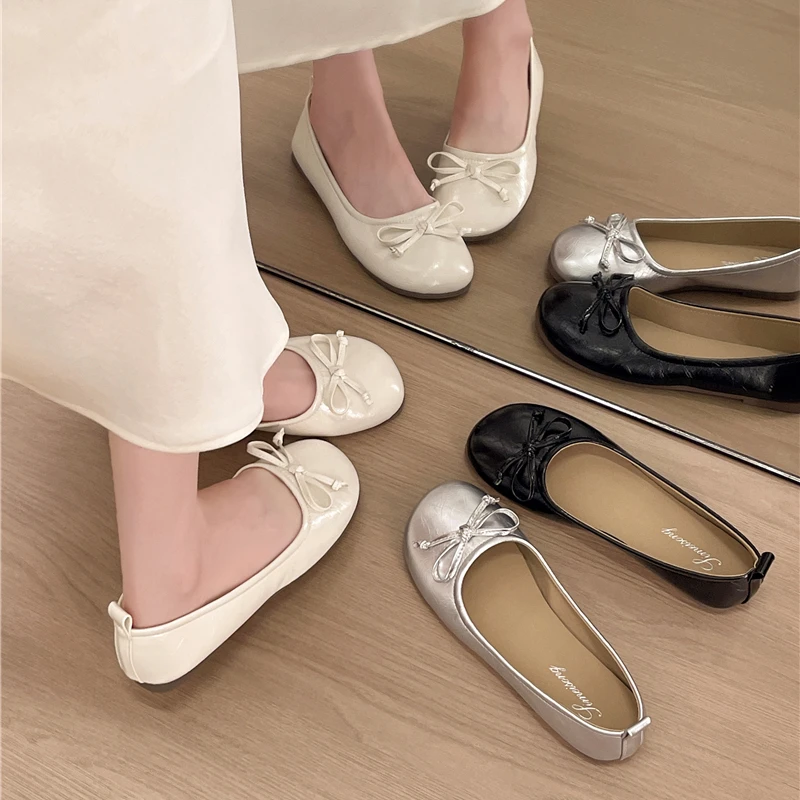 Ballerinas mit Schleifenknoten und runder Spitze für Damen, weiche Slip-On-Schuhe für den Alltag – Detail 9