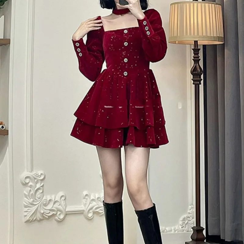 Women\'s Autumn Winter Fashion Elegant Solid Color Square Neck Pullover Button Casual Versatile Long Sleeve Waist Pullover Dress