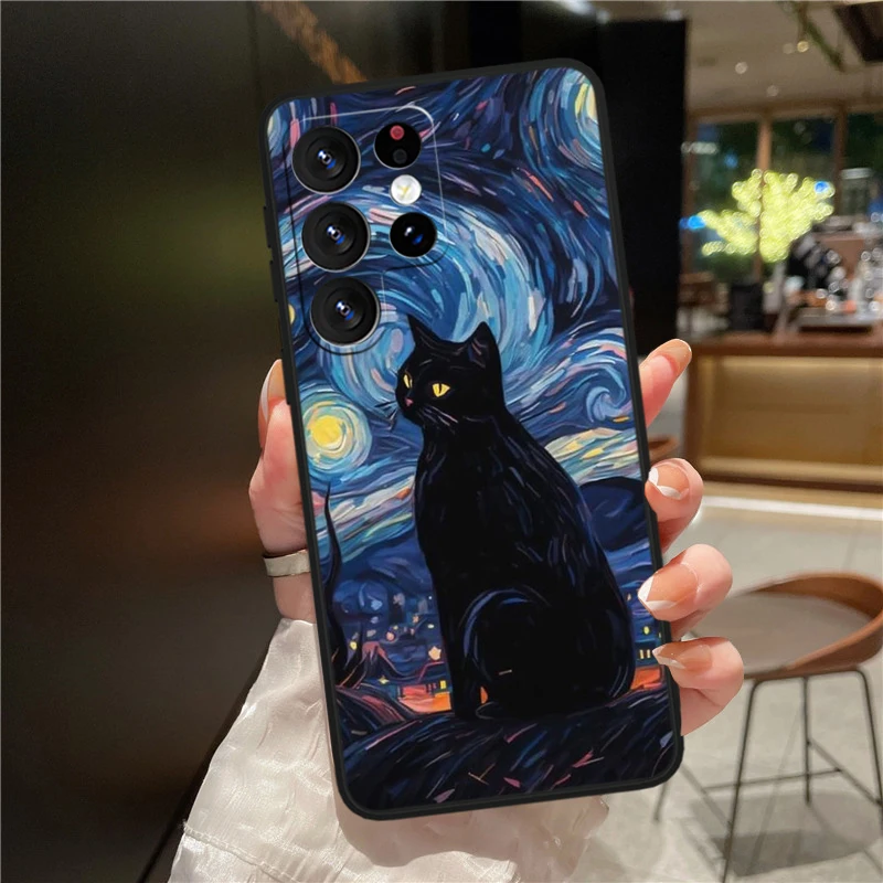 Art Starry Sky Cat For Samsung M62 M52 M33 M32 M31 M30 M23 M22 M21 Note 20 10 Ultra Plus Black Phone Case