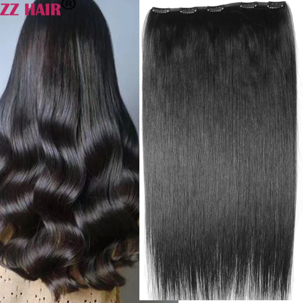 ZZHAIR 100 % brasilianisches Echthaar, Remy-Haarverlängerung, 40,6–66 cm, 5 Clips, 1 Stück, Set, keine Spitze, 100–200 g, Clips in einem Stück, natürlich, glatt