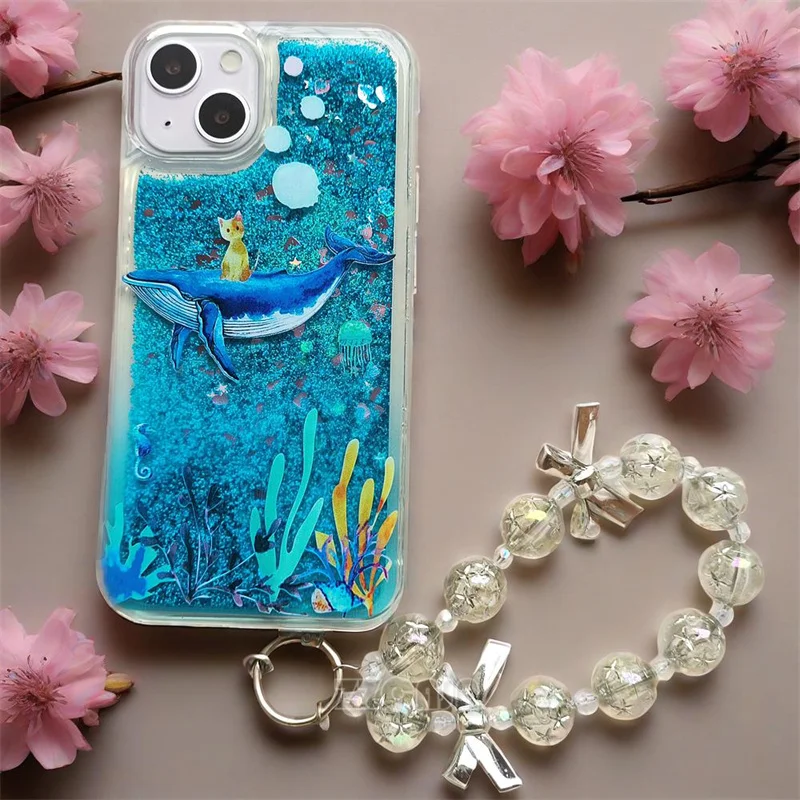 Coral Cat Dolphin For Huawei Mate 60 Pro P60 Nova 11 Pro 10SE 10 Lite 9SE Honor X50 Cases Glitter Shiny Liquid Quicksands Cover