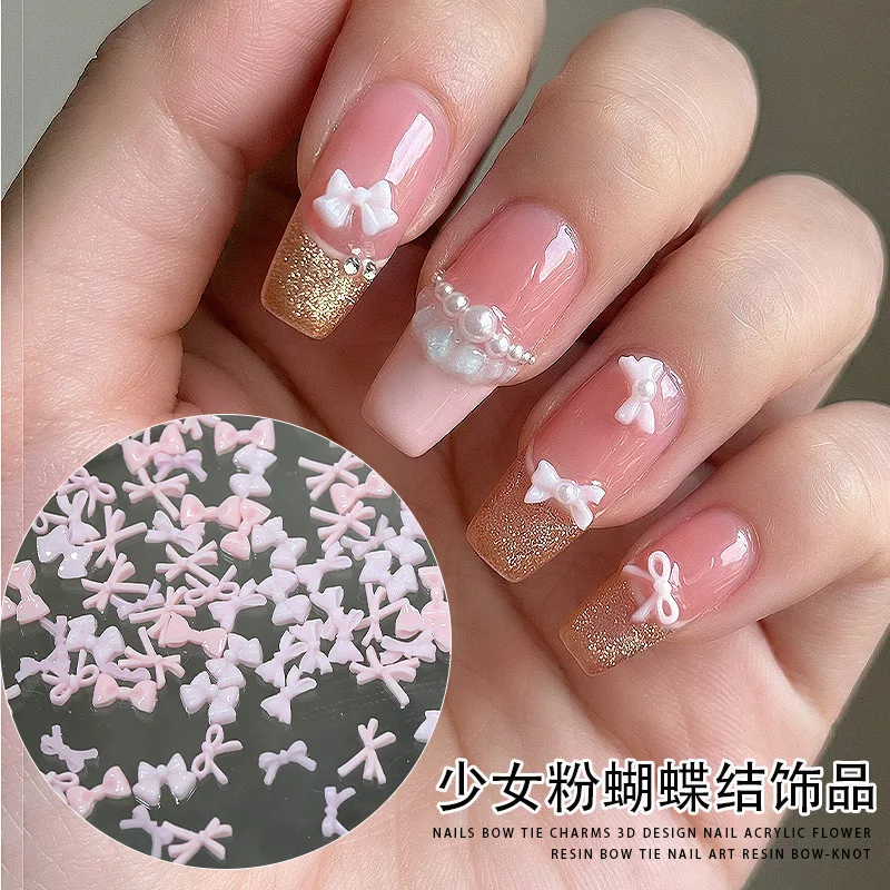50PCS Exquisite Pink Mixed Resin Bowknot 3D Nail Art Charms Bulk Ribbon Bow Tie Nail Art Decoration DIY Supplies Accessories