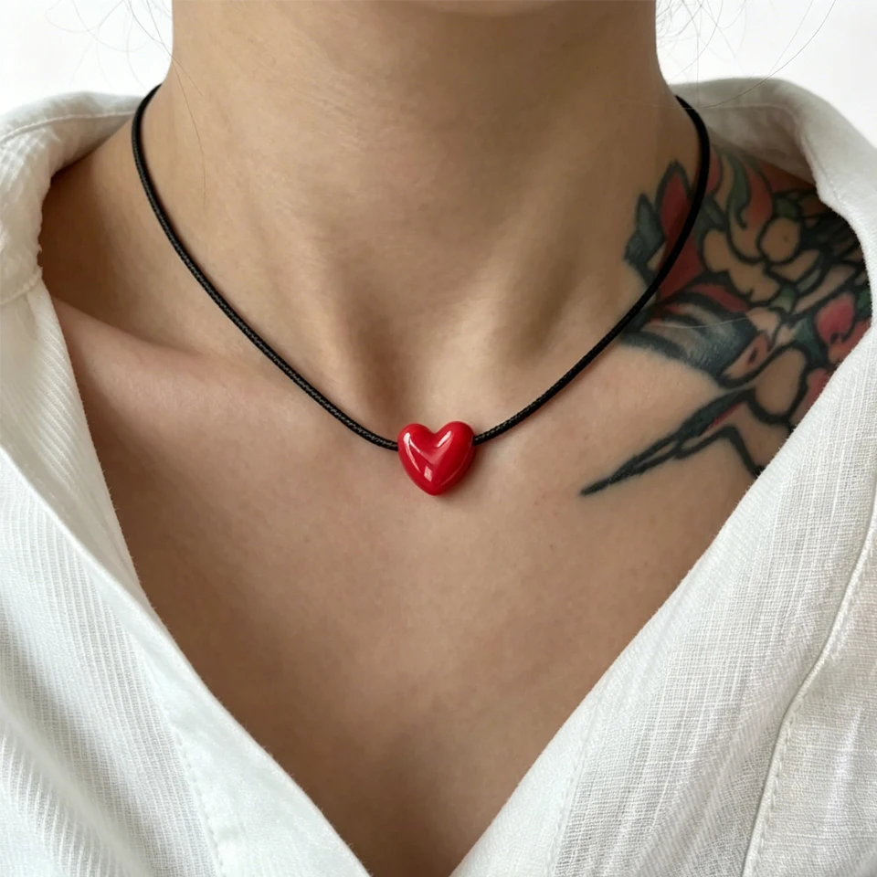 Colar Choker Elegante Minimalista Retro com Pingente de Coração de Cerâmica e Cordão Trançado Preto Longo da Moda Coreana ZAKOL para Mulheres