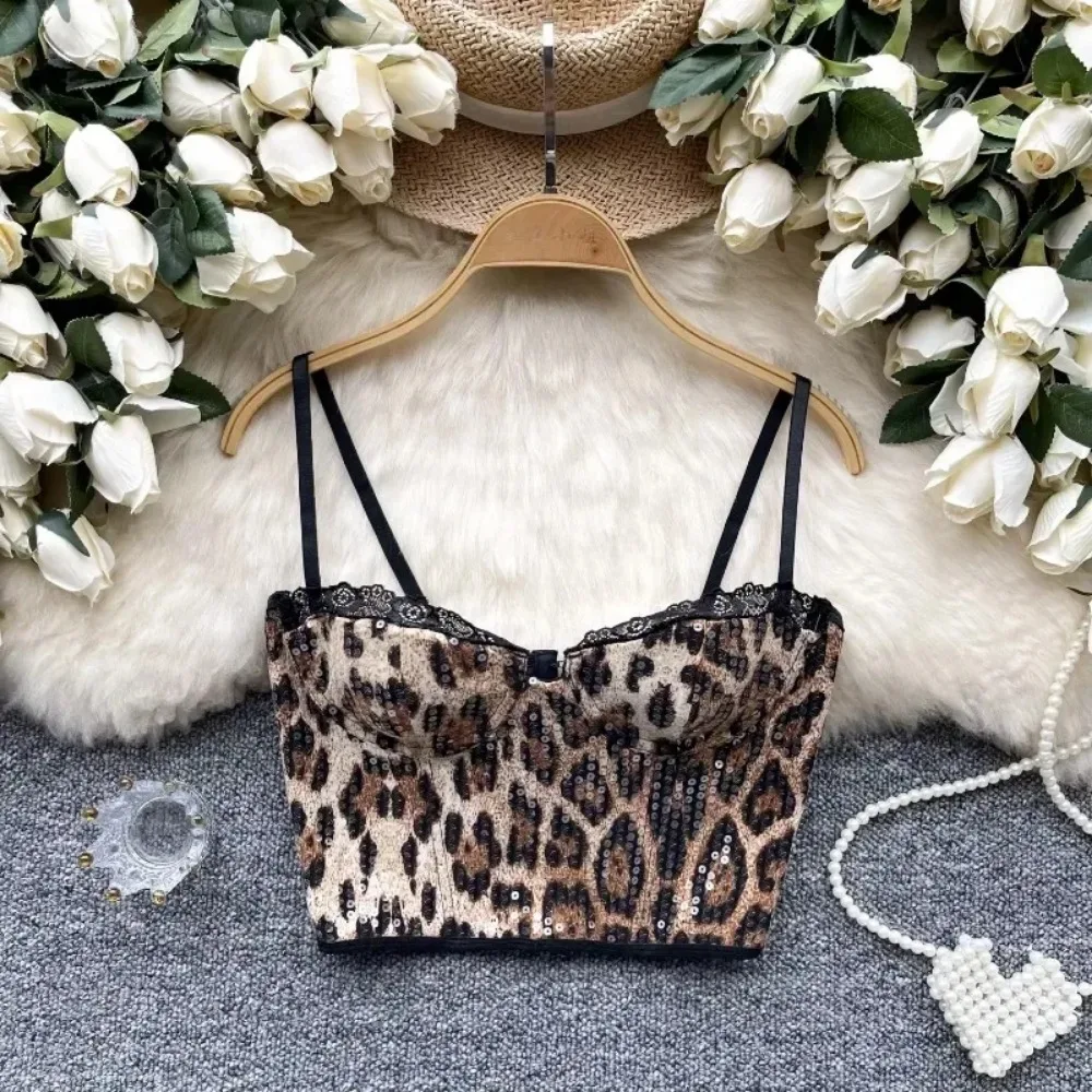 

Шикарные ретро леопардовые кружевные майки с блестками, французская модная майка, тонкий укороченный топ, сексуальные женские летние топы, Ins