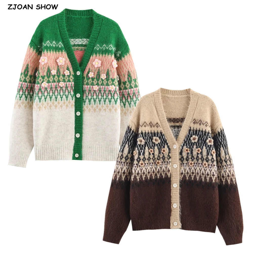 2025 Vintage Winter Vrouwen Geometrische Plaid 3D Bloem Volledige Mouw Slouchy Gebreid Vest V-hals Losse Totem Trui Groen Kaki