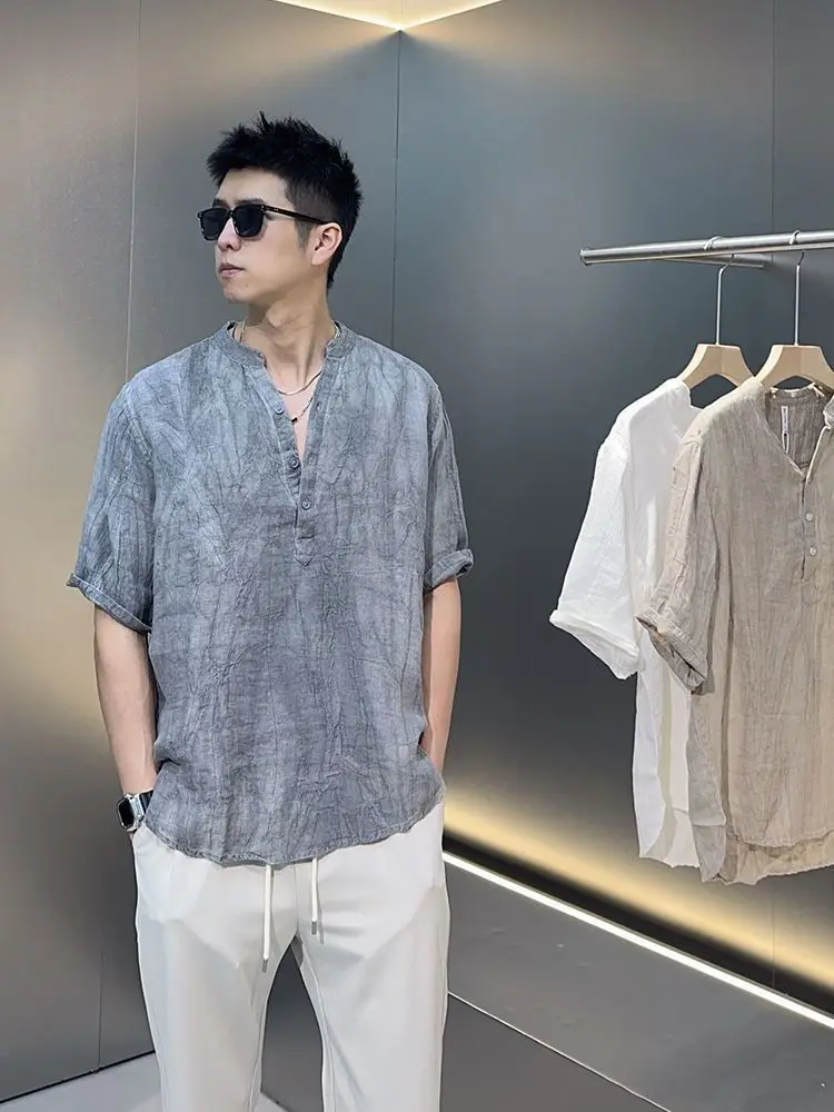 

New 2024 Men's Linen irt Loose Fit V-Ne ort Sve Vintage Chinese Sle Summer New Arrival Ele Folded Arm Design