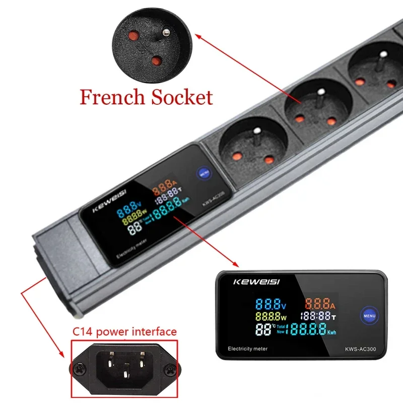 French socket Power Strip Digital Ampermeter Power Energy Voltmeter Ammeter Metal Sehll C14 interface extension electrica