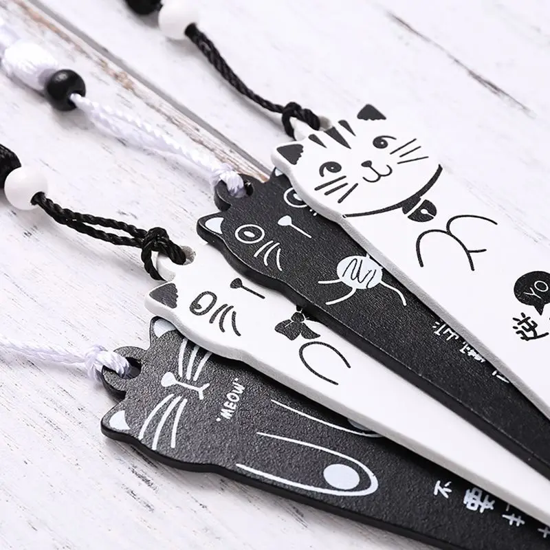 Cartoon Cat Shape Bookmark Students Stationery Cute Wood Bookmarks  Black and White Tassel Pendant Book Mark Kids Prizes