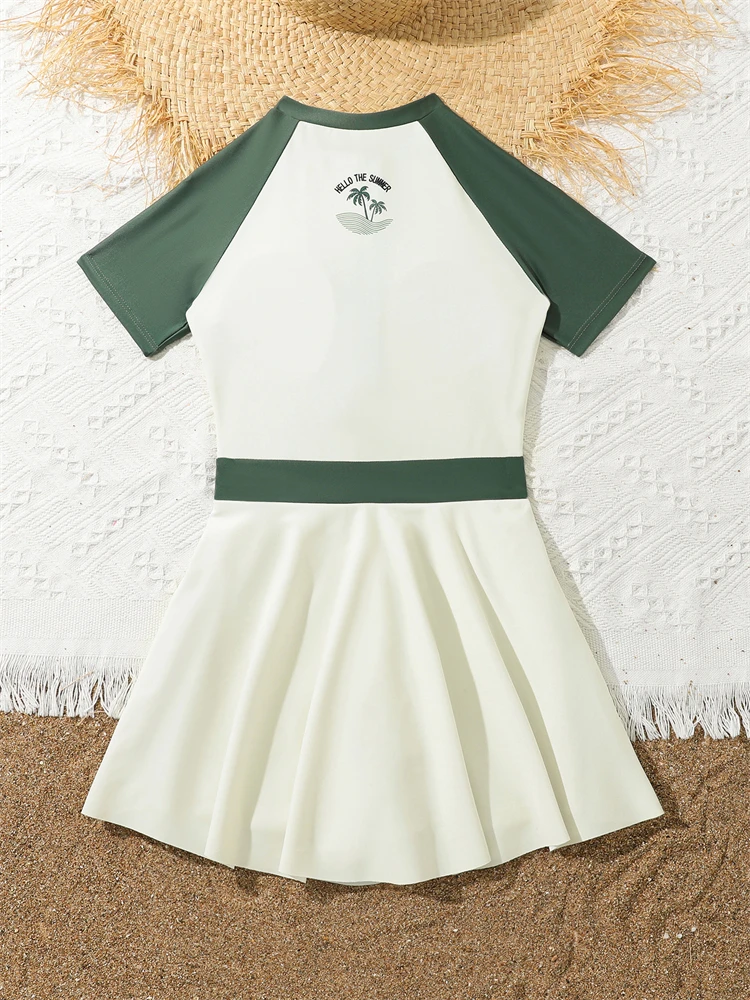 Kids Swimsuit Girls 2026 New Solid Short Sleeves Long Dress zipper Children Swimwear Summer Beachwear Bathing Suit Swimming Girl