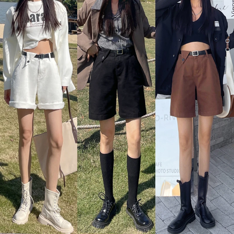 الصيف تمتد النساء الركبة الجينز واسعة السراويل حزام عالية الخصر فضفاض الشارع الشهير Y2K قصيرة الدنيم السراويل القهوة السوداء الإناث #2