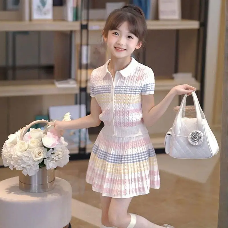 

2025 НОВАЯ летняя тканевая короткая футболка-поло для девочек-подростков + мини-юбка принцессы, детский комплект 6, 7, 8, 9, 10, 11 12 лет