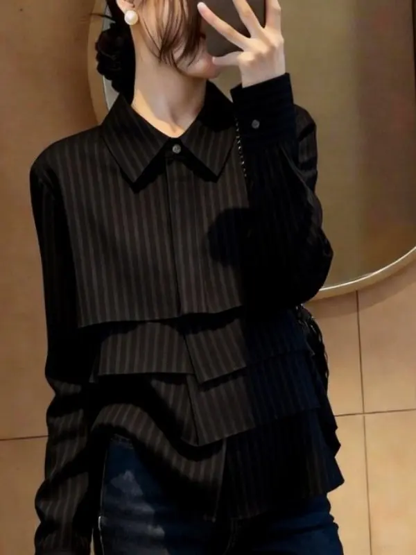 

Elegant Black Stripe Shirt Women's Comfortable Long Sleeve Knitted Cardigan Spring 2026 Lightweight Luxury Style Loose Fit