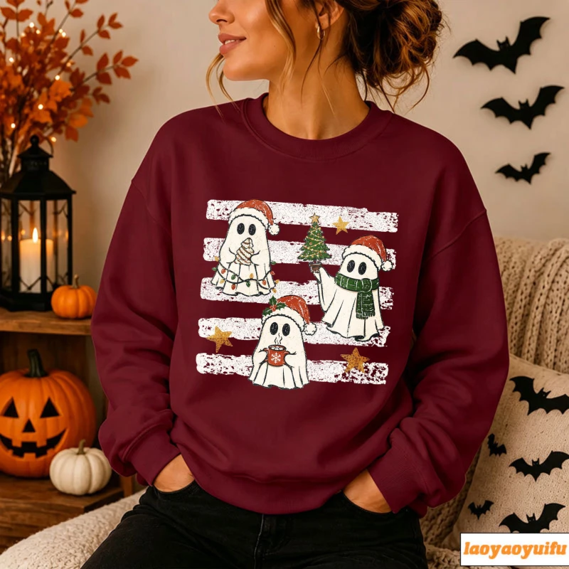 Three Christmas Ghosts Santa Hat Scarf Xmas Tree Hot Cocoa Light String Distressed Stripe Star Retro Graphic Pullover Casual Top