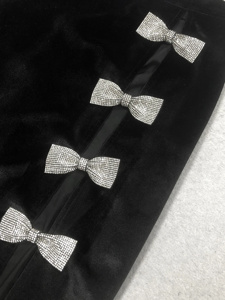 Women Short Sleeves Black Velvet Skirts Two Piece Set Sexy V Neck Diamonds Bow Top+Midi Split Skirt Suits Evening Party Cocktail