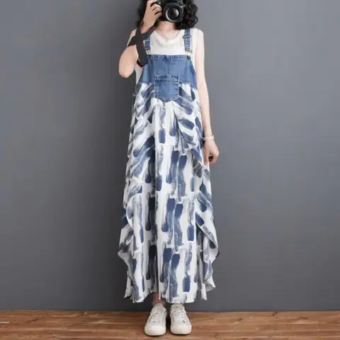 여름 Denim 스플릿 쉬폰 스파게티 스트랩 드레스 – 여성용 루즈핏 섹시한 민소매 비대칭 A라인 복고풍 드레스