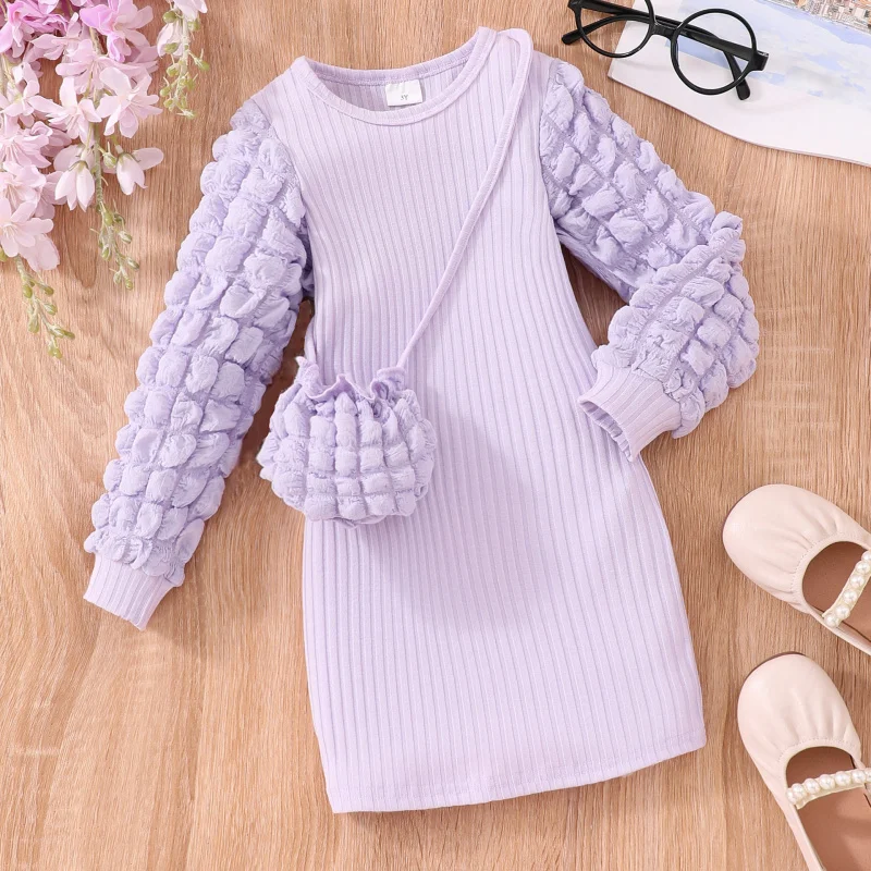 

Popular Autumn Long Sleeve Bubble Sleeve Ribbed Solid Color Dress for Toddlers and Kids with Bag Included Exclusive Supply