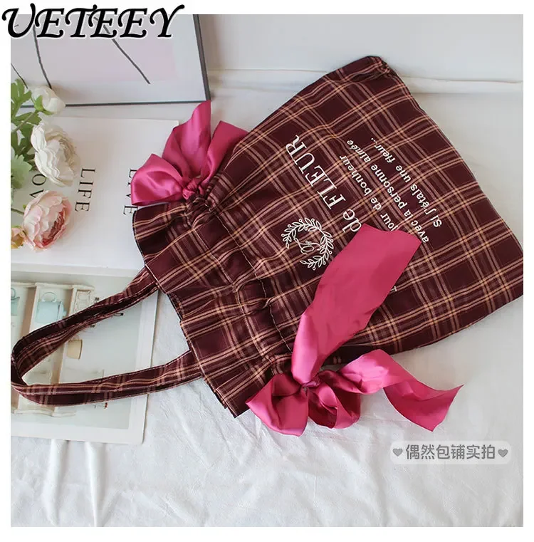 

2024 New Sweet Small Fresh Bow Plaid Bag Shoulder Bag Student Mori Girls Handbag Japanese Tote Bag Women Shopping Bags