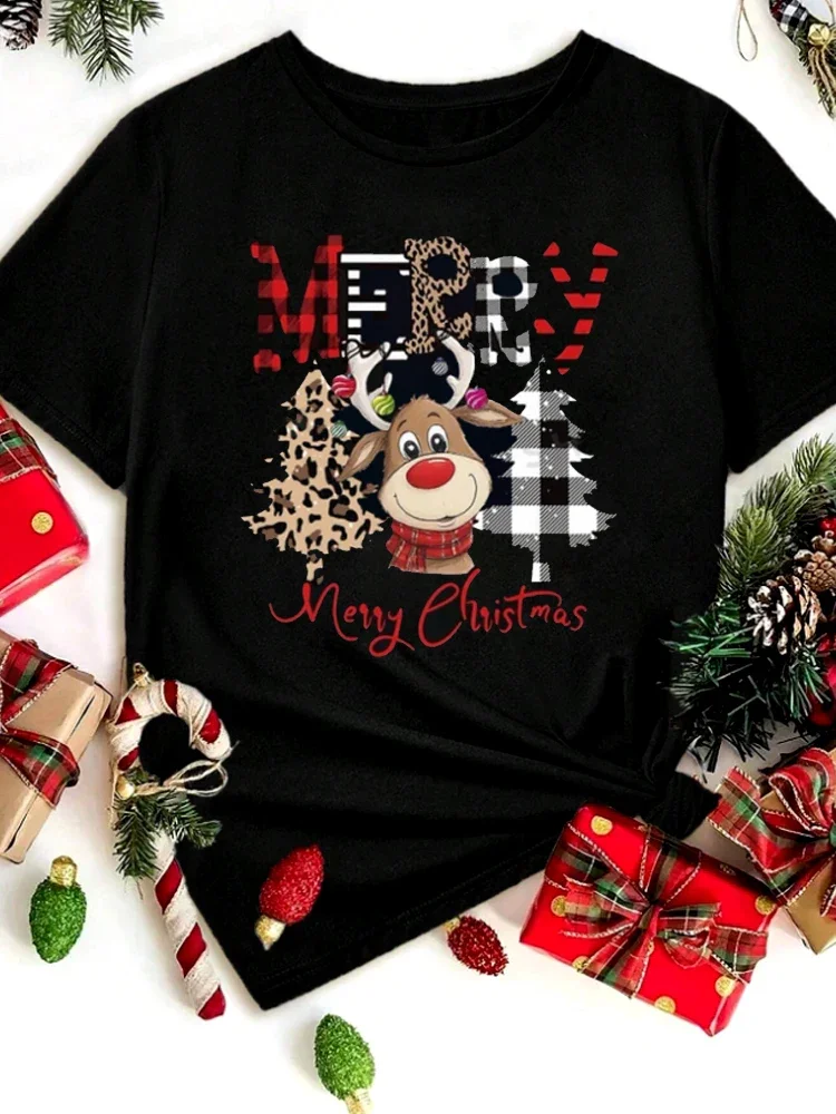 Cute Reindeer Leopard Print Women Christmas T Shirt Casual Cartoon Christmas Tree Graphic Short Sleeve Female T-Shirt