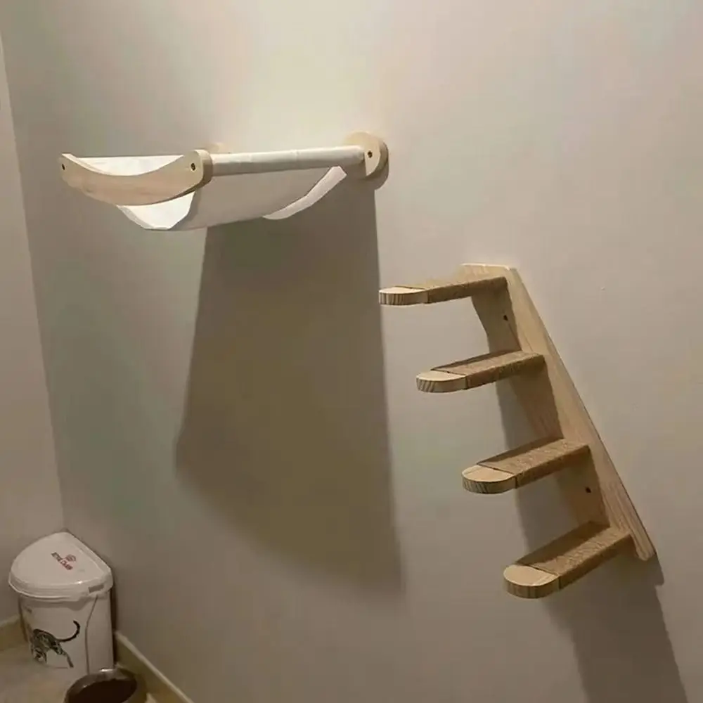 Solid Wood Cat Climbing Shelf Steps Space Saving Reversible Cat Steps Ladder Wall Mounted with Sisal Rope Cat Climbing Structure