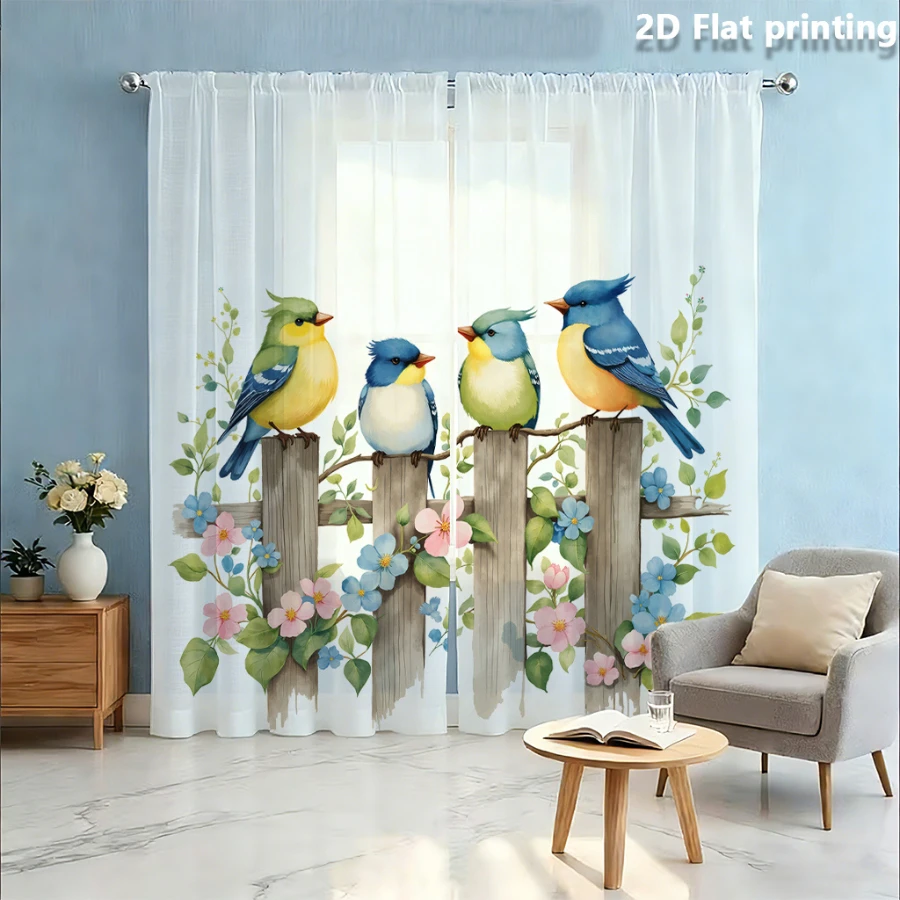 2PCS Digital Print Sheer Curtain, Fence Flower Bird, Modern Minimalist Window Curtains for Living Room Bedroom Home Decor