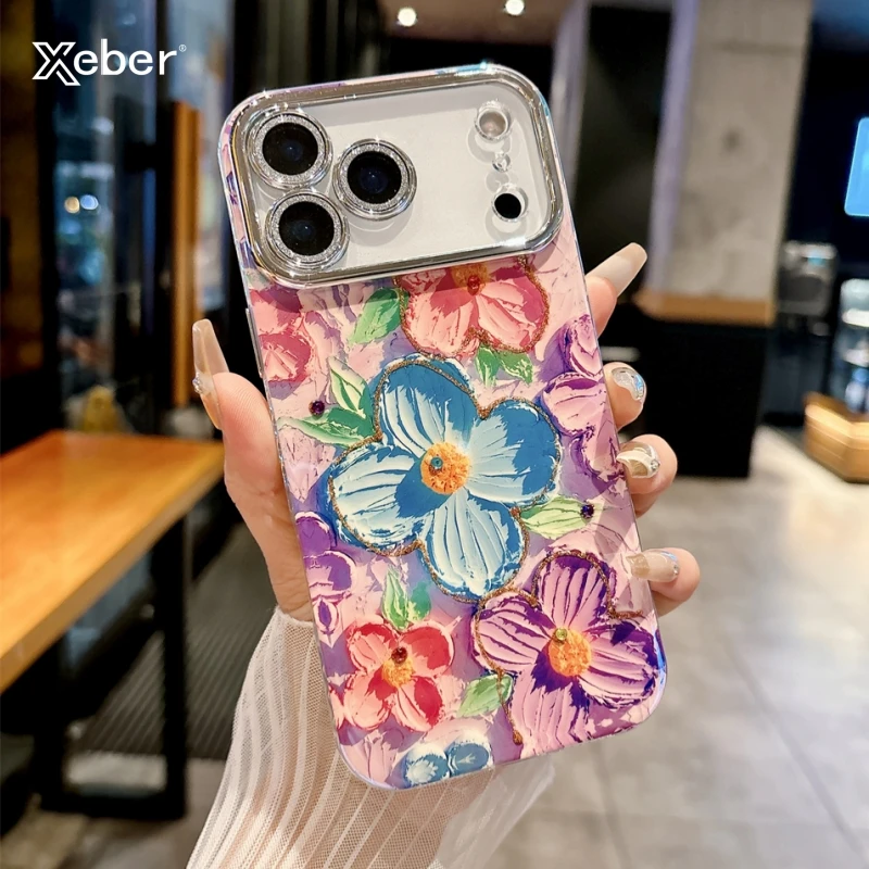 Luxuriöse Glitzer-Blumenmuster-Laser-Telefonhülle für iPhone 11, 12, 13, 14, 15, 16, 17, Pro Max Plus, Kameraschutz, stoßfeste Abdeckung