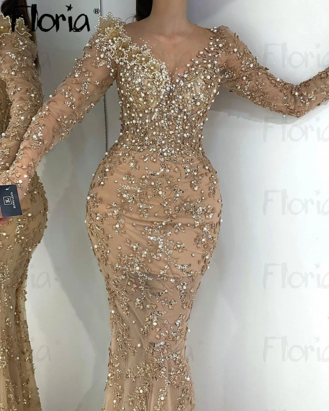 Robes De Soirée Gold Beaded Lace Appliqued V Neck Long Sleeve Evening Dress Luxury Women 2024 Wedding Party Gowns Custom Made