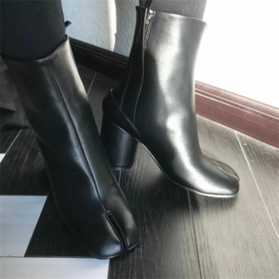 Czarne buty Tabi z rozciętym noskiem gruby obcas buty damskie botki miękkie skórzane Zapatos Mujer designerskie jesienne Botas Mujer