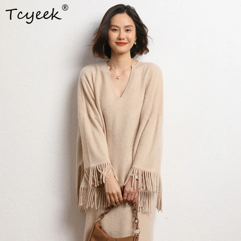 Tcyeek, 12Gขนสัตว์แคชเมียร์หลวมเสื้อกันหนาวผู้หญิงVคอTassels, Casualแฟชั่นPullover, 2024 ฤดูใบไม้ร่วงฤดูหนาวใหม่T48758QM