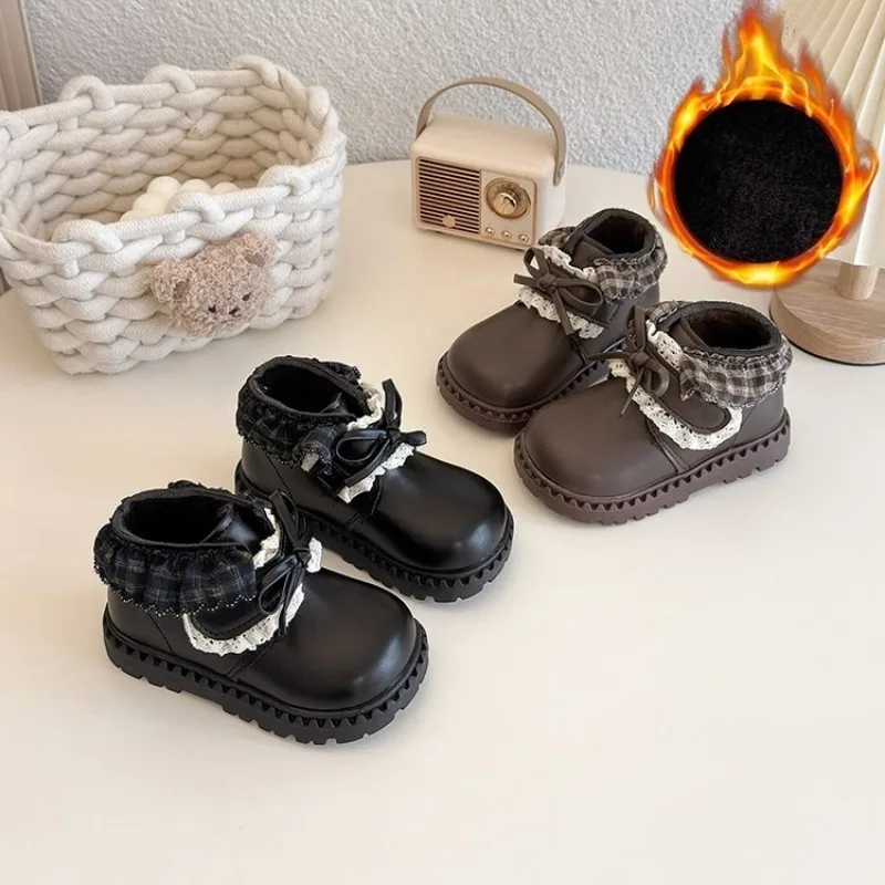 Children's Lace Bordered Bow PU Leather Boots 2026 British Style Autumn Girls Ankle Boots Trend Princess Platform Shoes