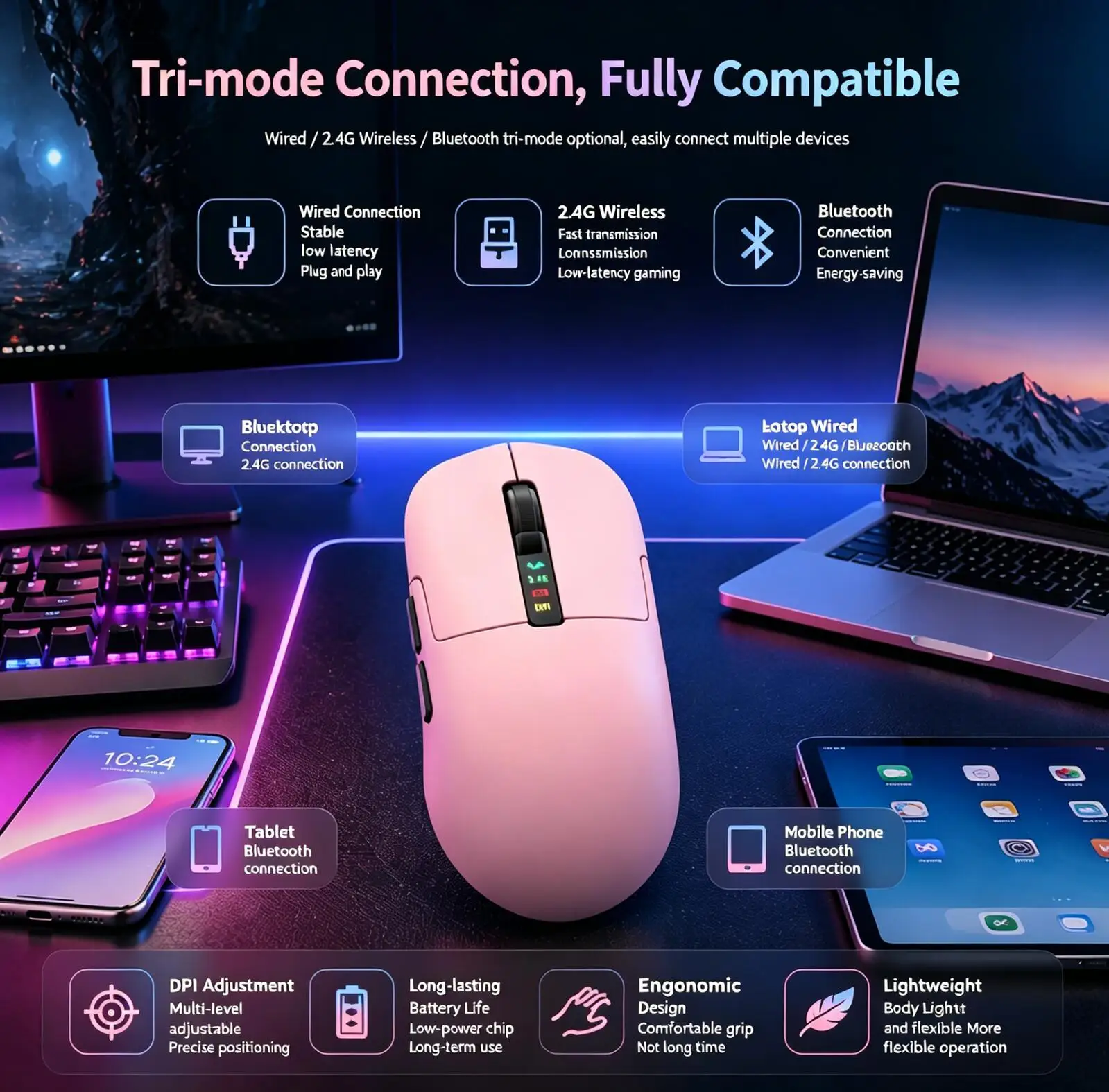 1000Hz 1K Polling Rate Rechargeable Tri-Mode Gaming Mouse Wired+2.4Ghz+Bluetooth Ergonomic Mice with RGB Magnetic Charging Dock
