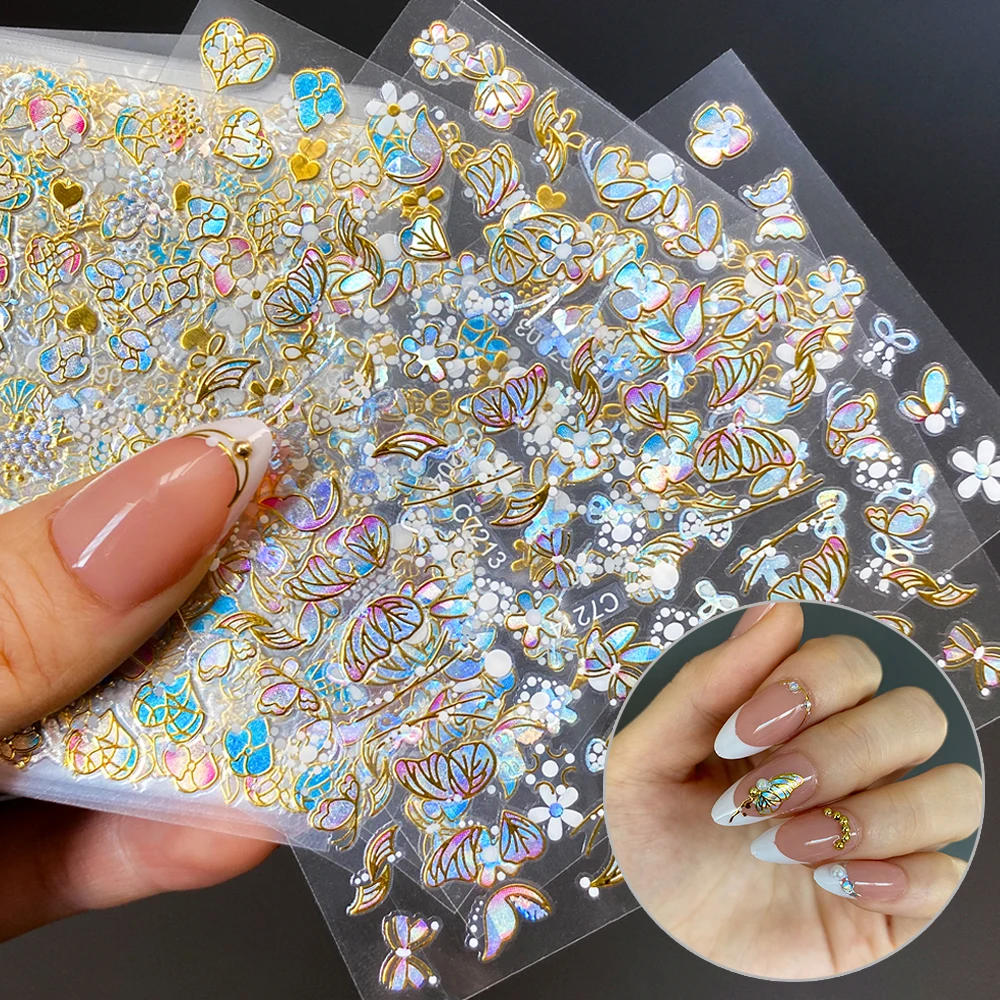 20Pcs Holographic Butterfly Nail Sticker Laser Gold & Sliver Butterfly Adhesive Decal 8.5x6cm 3D Glitter Foil DIY Manicure Decor
