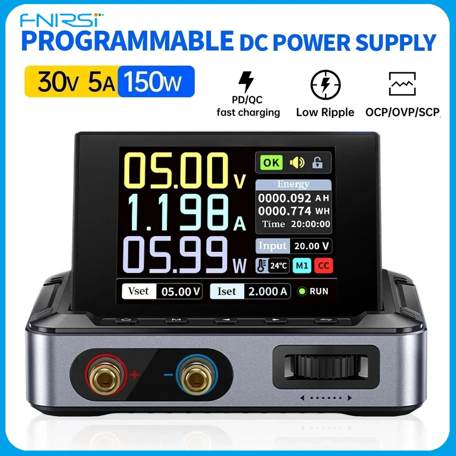 FNIRSI DPS-150 150W Programmable DC Power Supply 30V 5A CNC Adjustable PD/QC Fast Charge Low Ripple Digital Lab Bench Supply