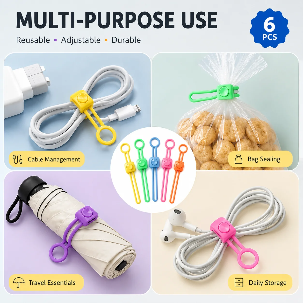 6PCS Reusable Elastic Strap Tie with Ring Buckle, Multi Purpose Cable Organizer, Portable Binding Cord for Travel, Home Storage, Wire Management and Outdoor Use