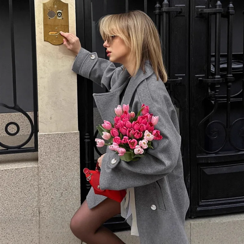 French Commuter Gray Woolen Blazer Loose Elegant Mid-Length Coat Women Fashion Versatile Outerwear For Work Travel Fall Winter