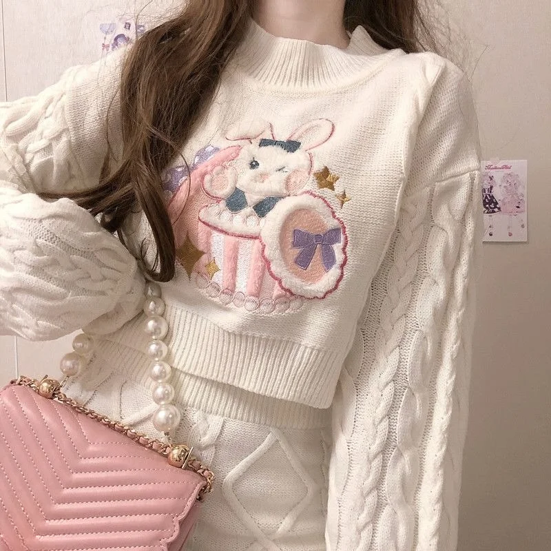 Kawaii Japanese Style Beige Knitted Set Women Threaded Long Sleeve Sweater Short Tops and High Waist Mini Package Hip Skirt Suit