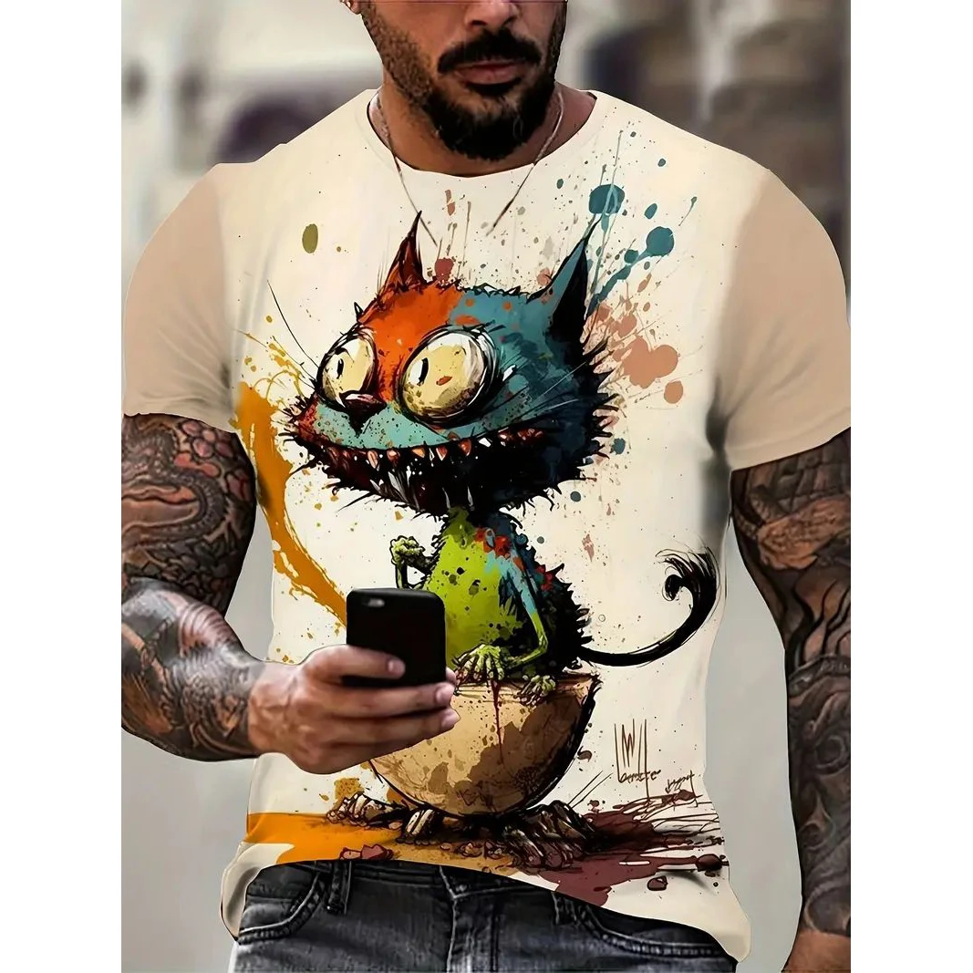 Camiseta informal de manga corta para hombre, ropa de calle con estampado de dibujos animados de animales divertidos, jersey de moda, ropa de gran