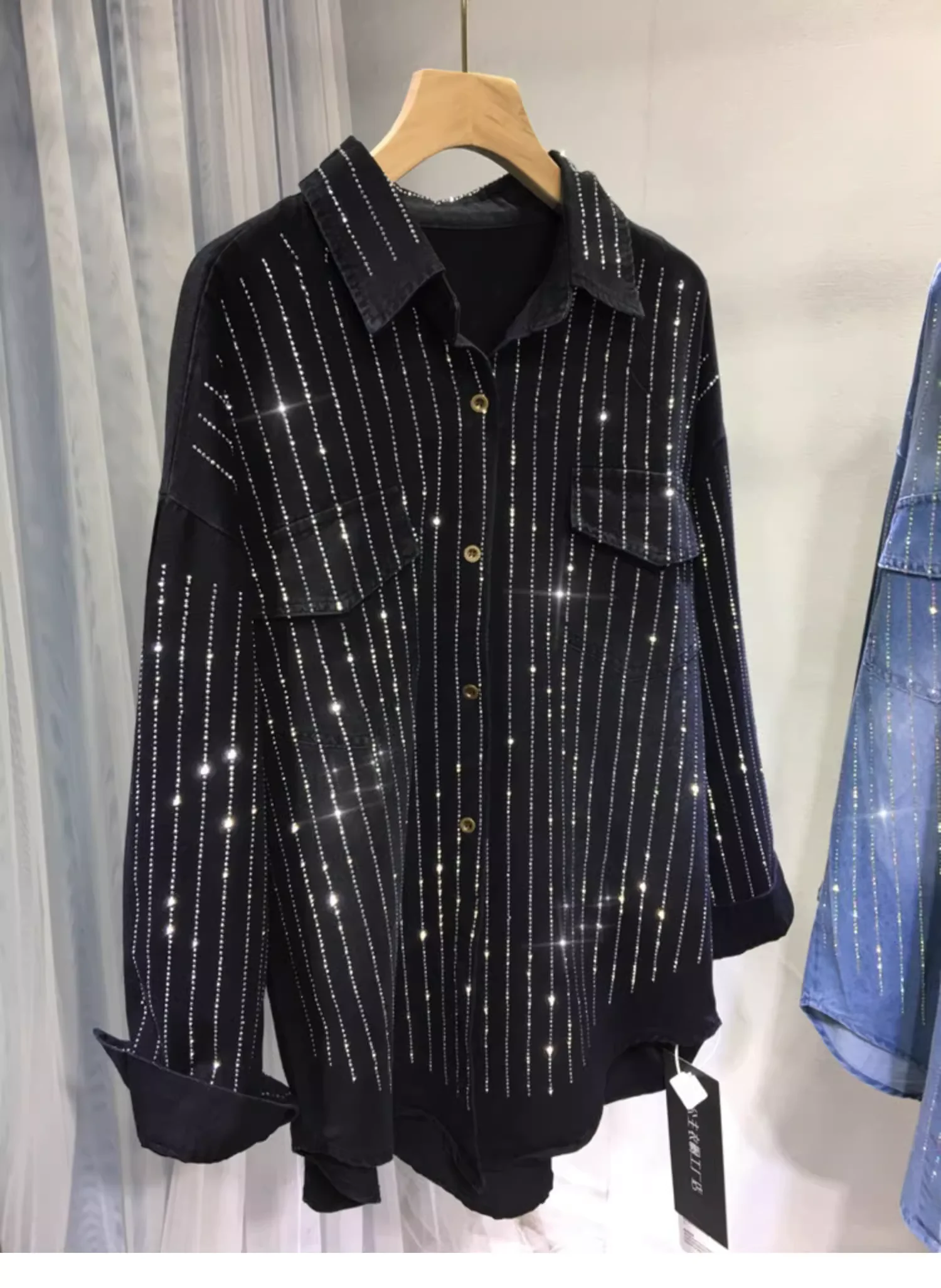 New In Autumn Trend Full Body Hot Drilling Diamonds Denim Shirts and Blouses Women\'s Loose Casual Denim Top Jacket Woman Clothes