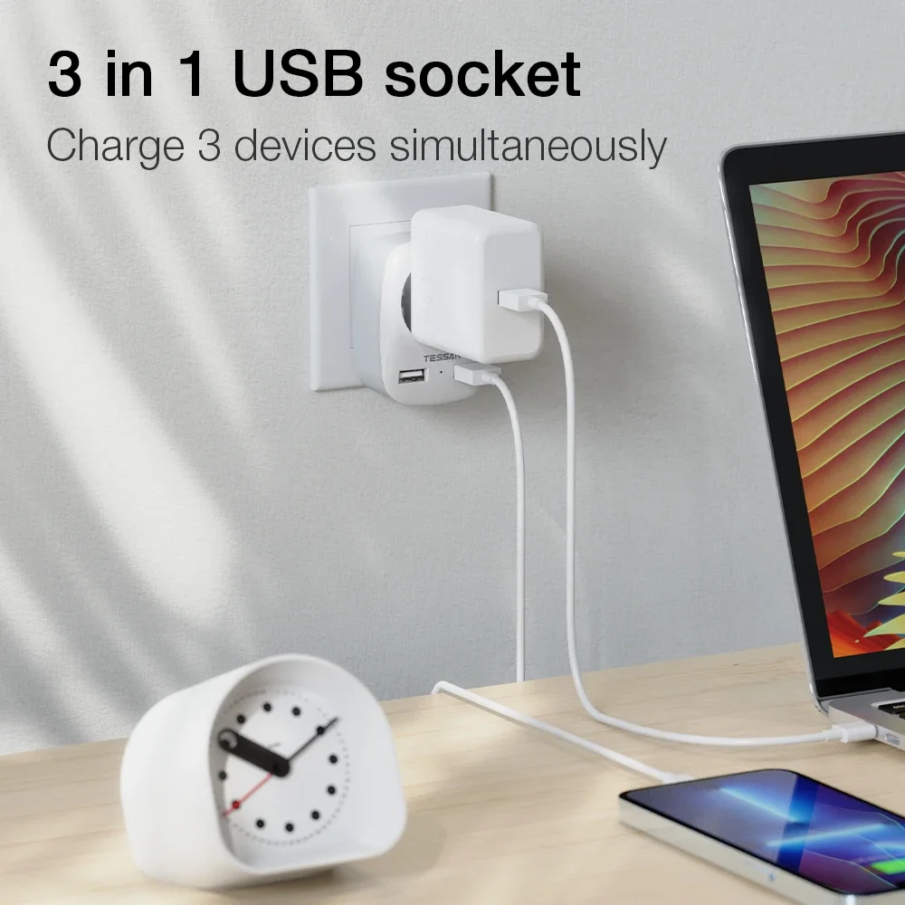 Adaptador de tomada múltipla USB TESSAN 4000W com 1 plugue Schuko e 2 portas USB A fonte de alimentação de carregamento de parede para escritório