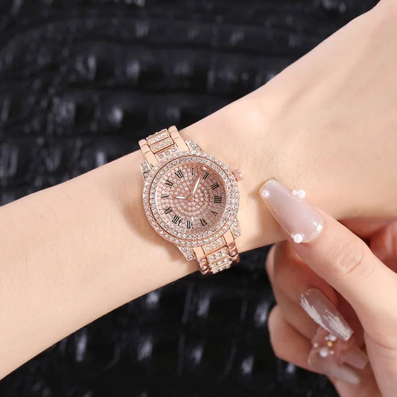 Moda feminina luxo diamante aço relógios pulseira senhoras relógio de quartzo rosa ouro das mulheres relógio de pulso cristal brilhante reloj mujer