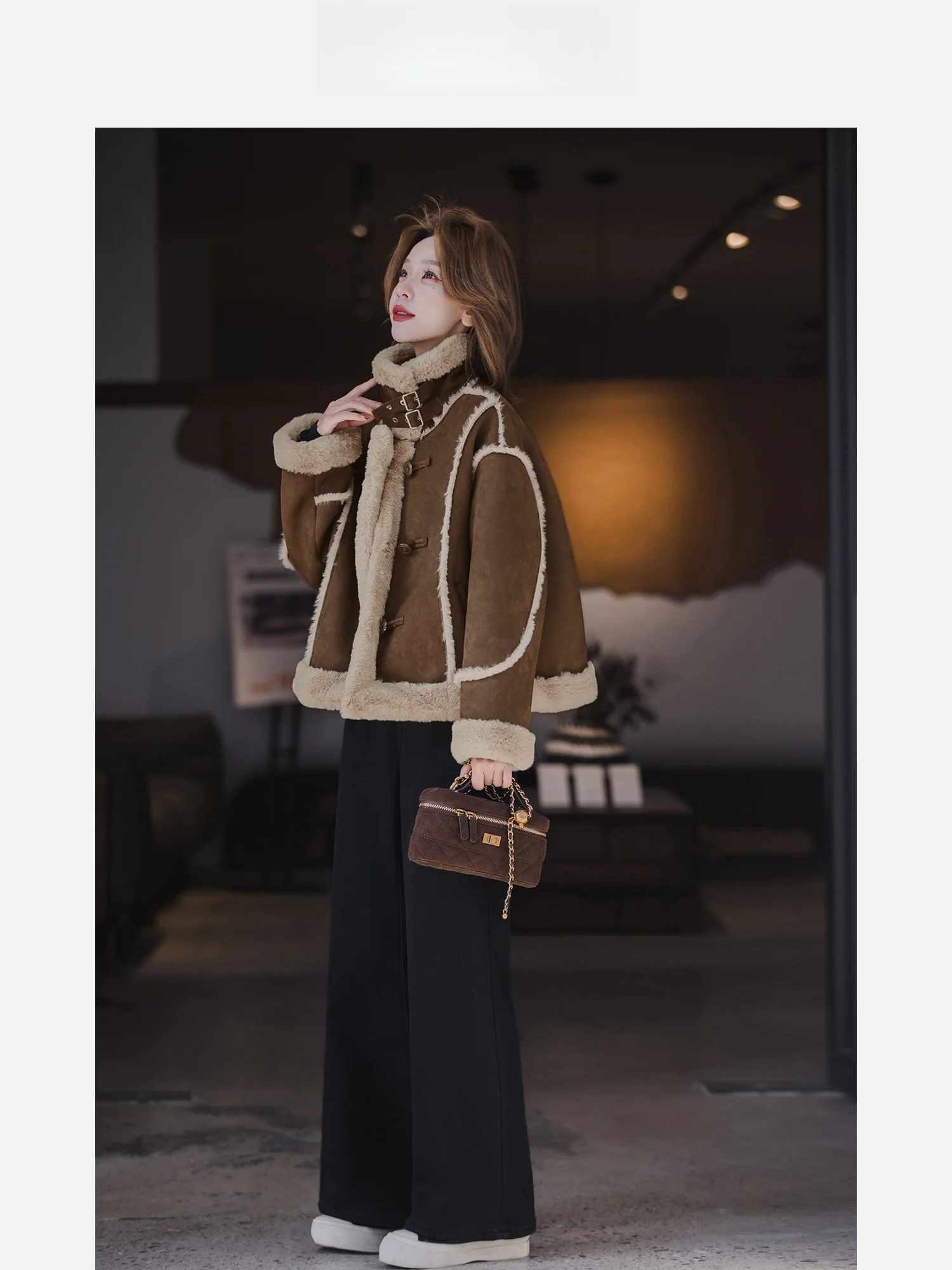 Pastoral Sle ort Coat Women's Autumn Winter New Faion Color Blo Faux Leather Fur Inteated Jaet American Sle Pol...