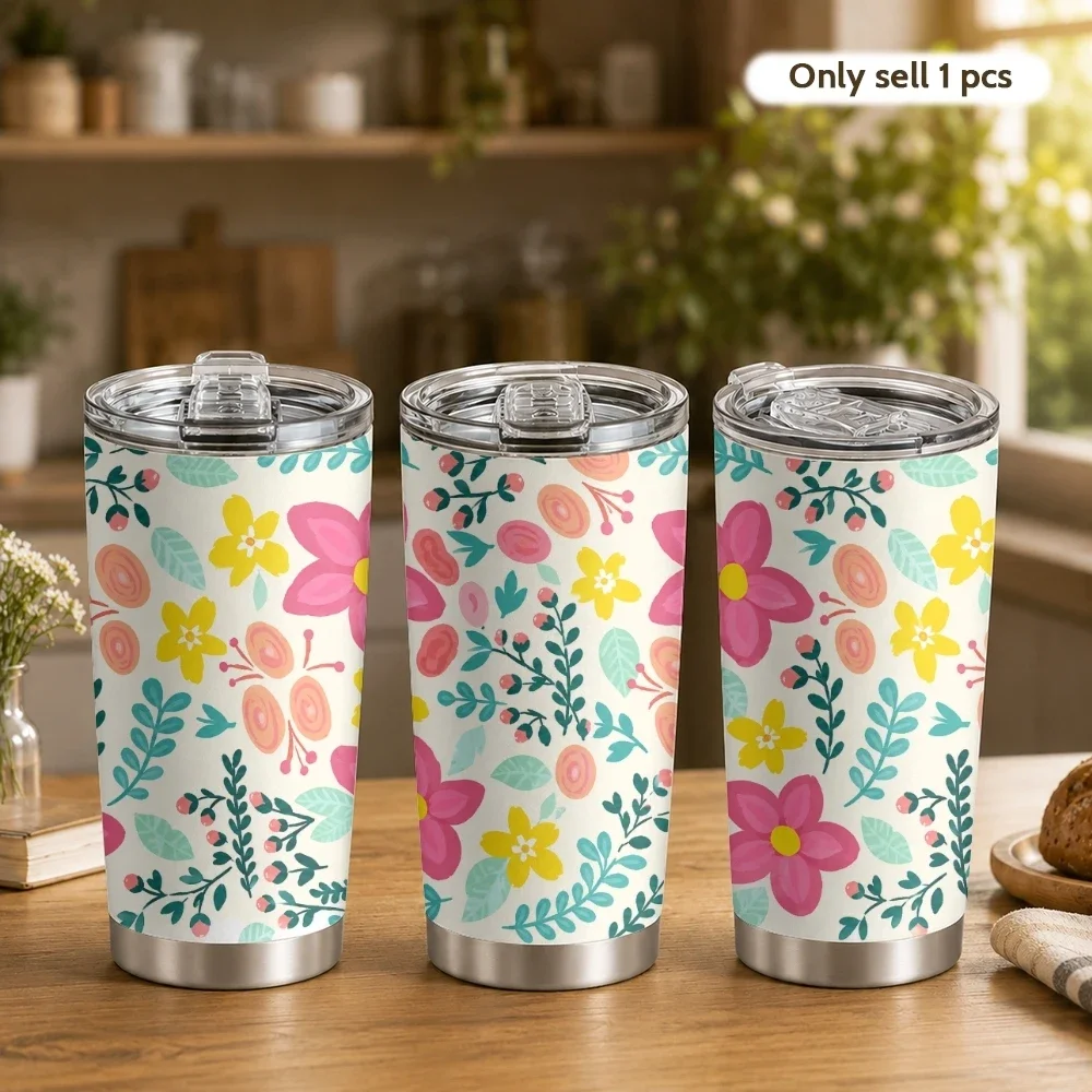 Cute Mixed Floral Vacuum Flasks 20oz Coffee Tumbler Cup With 2 Lids And Straw, Stainless Steel Vacuum Insulated Travel Mug