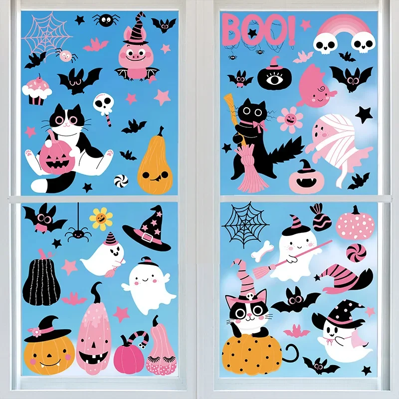 

Pink cartoon pumpkin bat spider Halloween window decoration static window sticker