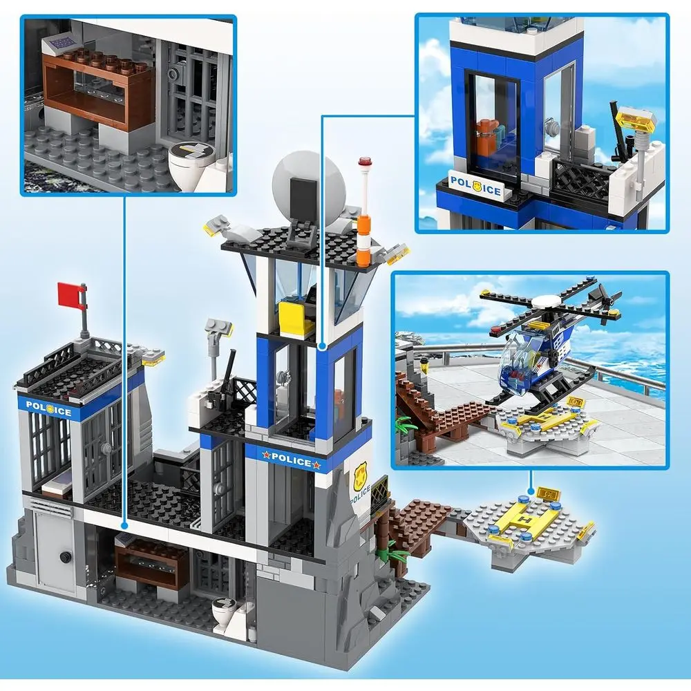 Set da gioco della stazione di polizia con 946 pezzi, inclusi auto, drone, elicottero, barca, ideale dai 6 anni in su