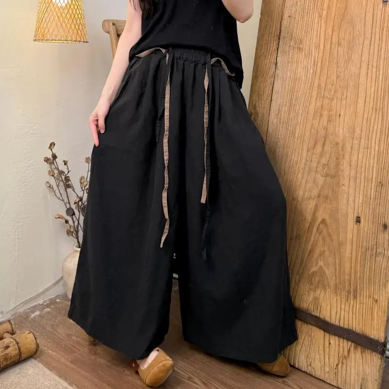 Spring Summer Arts Style Women Elastic Waist Loose Casual Trousers Good Quality Cotton Linen Vintage Black Wide Leg Pants TH149