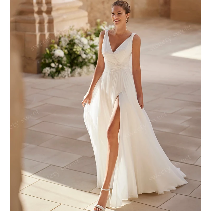 

Vintage Wedding Dress Fully Chiffon With A-Line Split Ball Gown V-Neck Sleeveless Customized Bride Dress Zipper Vestido De Novia