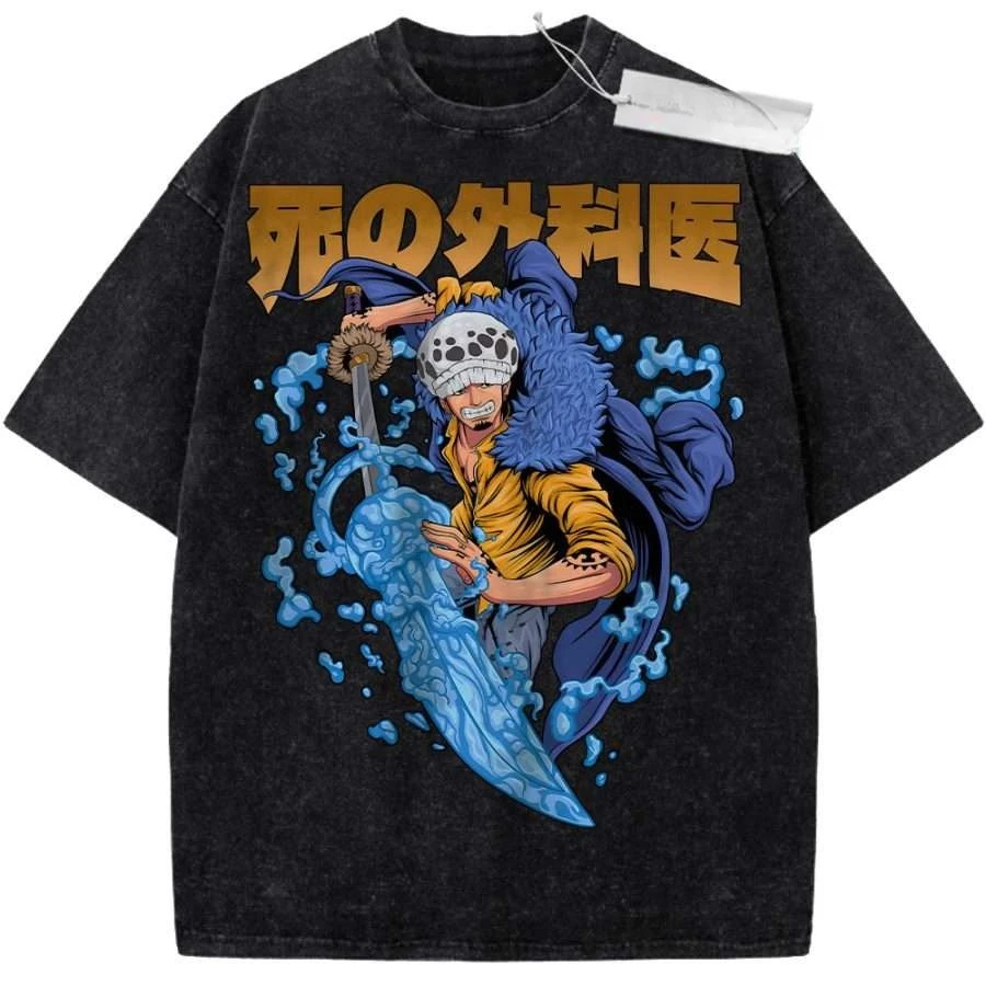 Übergroßes Vintage Washed One Piece T-Shirt Trafalgar Law Blaues Schwert Energie Anime Graffiti Streetwear Lässige Alltagskleidung