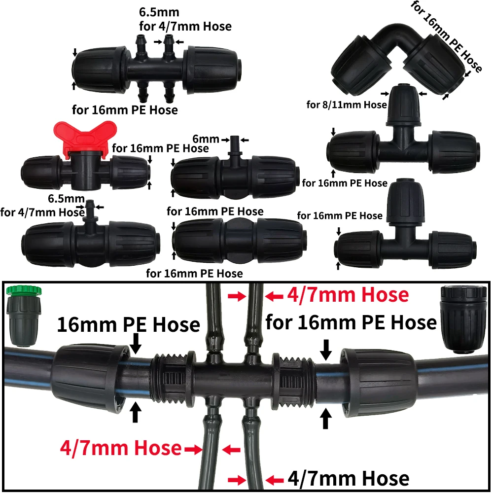 Oasis 2PCS 16mm 1/2\'\' PE Pipe Connector Splitter Tee Coupling Threaded Lock to 4/7mm 3/5mm Hose Garden Watering Drip Irrigation